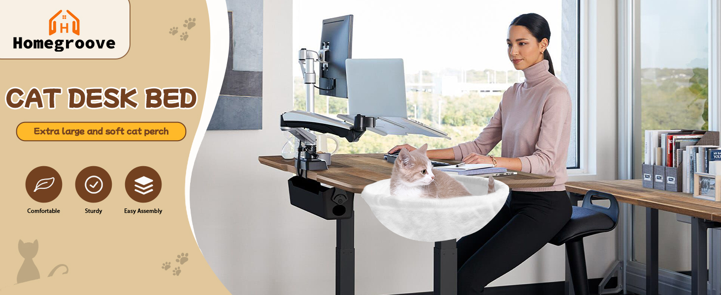 Ліжко-стіл для котів Homegroove, велике та економне, до 23 кг, м'яка гамак з штучного хутра для офісу та геймерів, знімне та пральне (біле)
