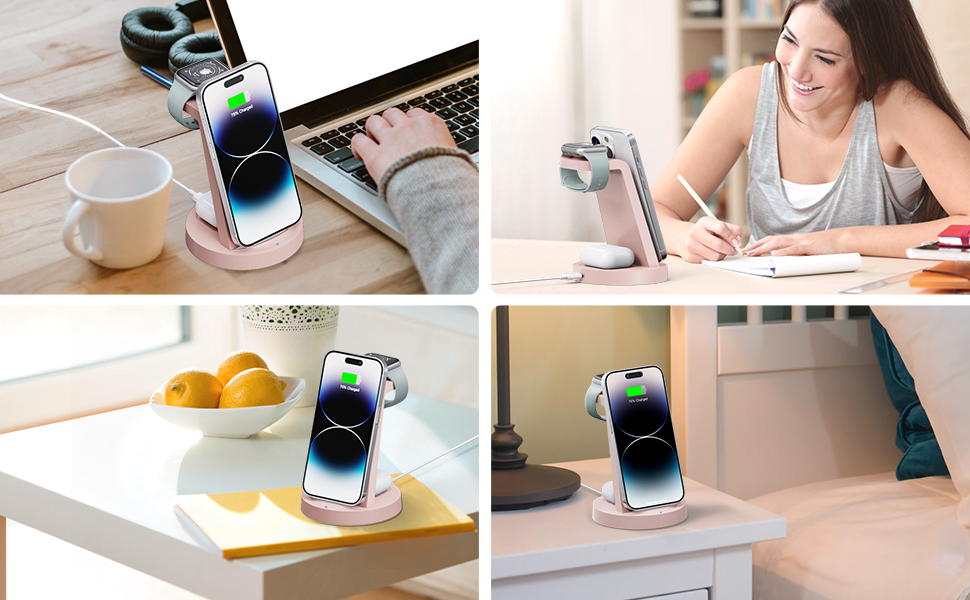 Зарядний станція 3 в 1 для iPhone: швидка бездротова зарядка для Apple iPhone 16, 15, 14, 13, 12, 11, X, Pro, Max та Apple Watch 10, 9, 8, 7, 6, SE, AirPods 4, 3, Pro з адаптером 18W (Рожевий)