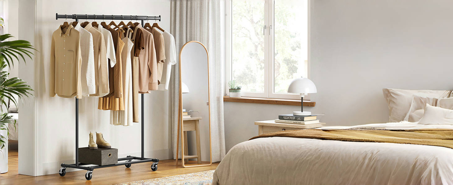 SONGMICS Heavy-Duty Clothes Rack, 2-Piece Set, Rolling Garment Rack, Holds up to 90 kg, with Extendable Closet Rod, Folding Base, Storage for Boxes, HSR013S02 (Black)