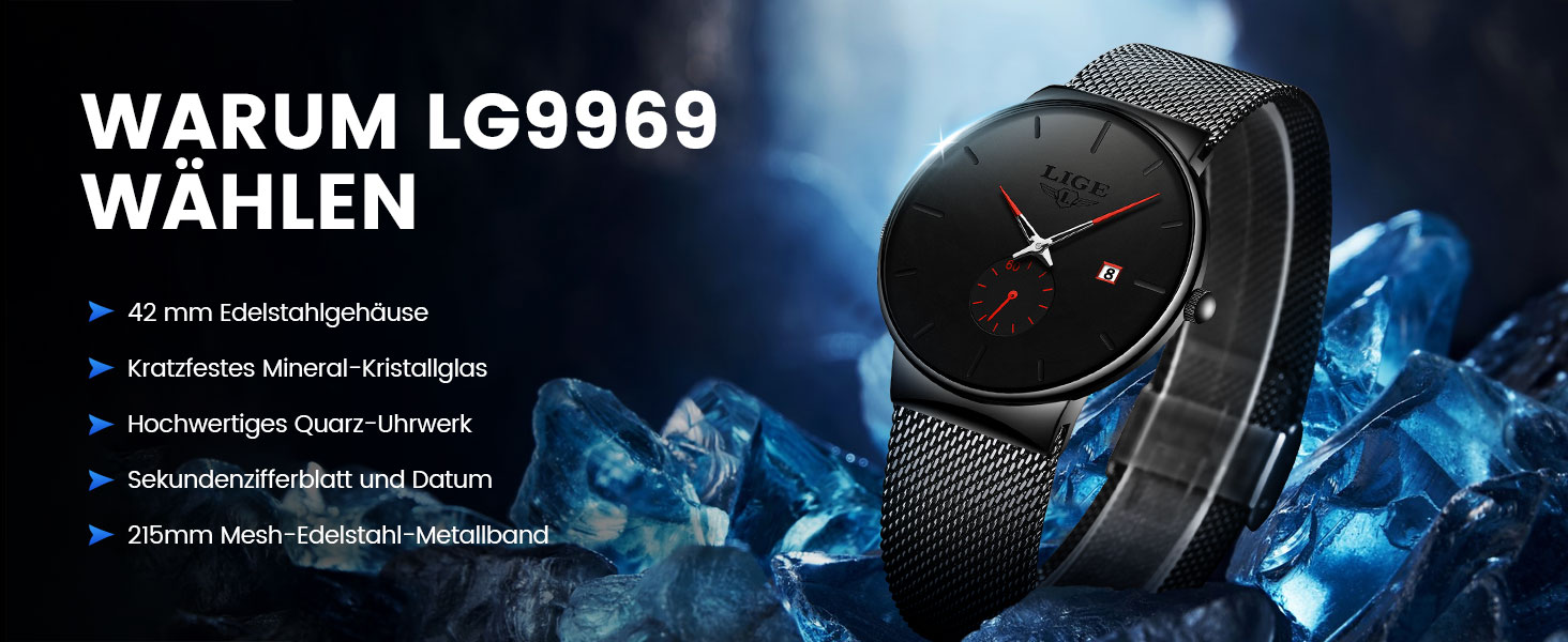 Годинник чоловічий LIGE Retro з металевим браслетом, водонепроникні, аналогові, кварцові, з датою, стильні, для бізнесу та повсякденного носіння (червоний, чорний)