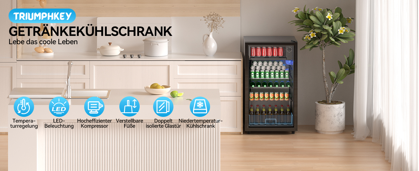 Холодильник для напоїв TriumphKEY, 85 літрів з LED-підсвіткою, скляна дверцята, 3 полиці та відділення для пляшок (сода, пиво, вино)