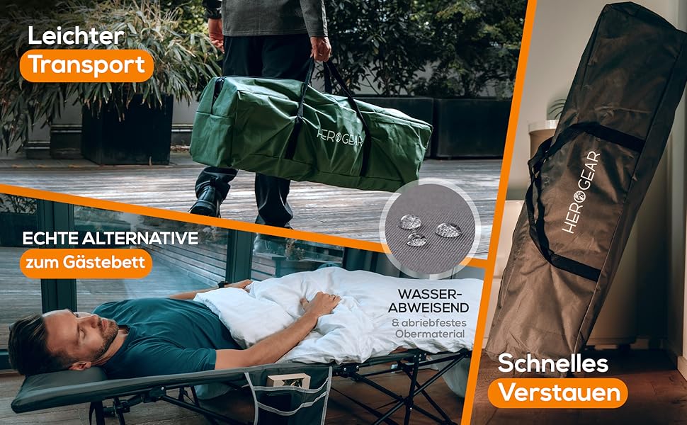 Розкладне ліжко HEROGEAR з бавовняною подушкою та матрацом | Гостьове, кемпінгове, пляжне ліжко для дорослих | 190 x 67 см, сірий камінь