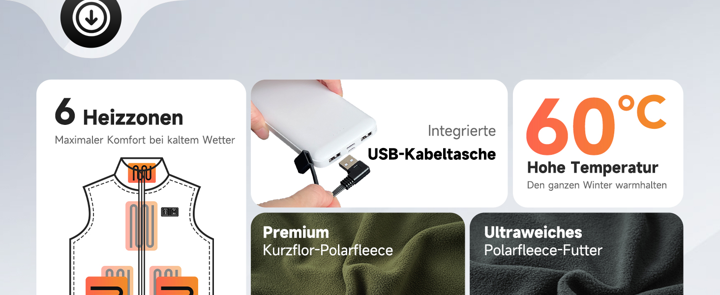 Обогріваюча жилетка для чоловіків з акумулятором 10000mAh, 6 зон нагріву, USB, мікрофліс, регулювання температури, чорний колір, розміри S, M, L