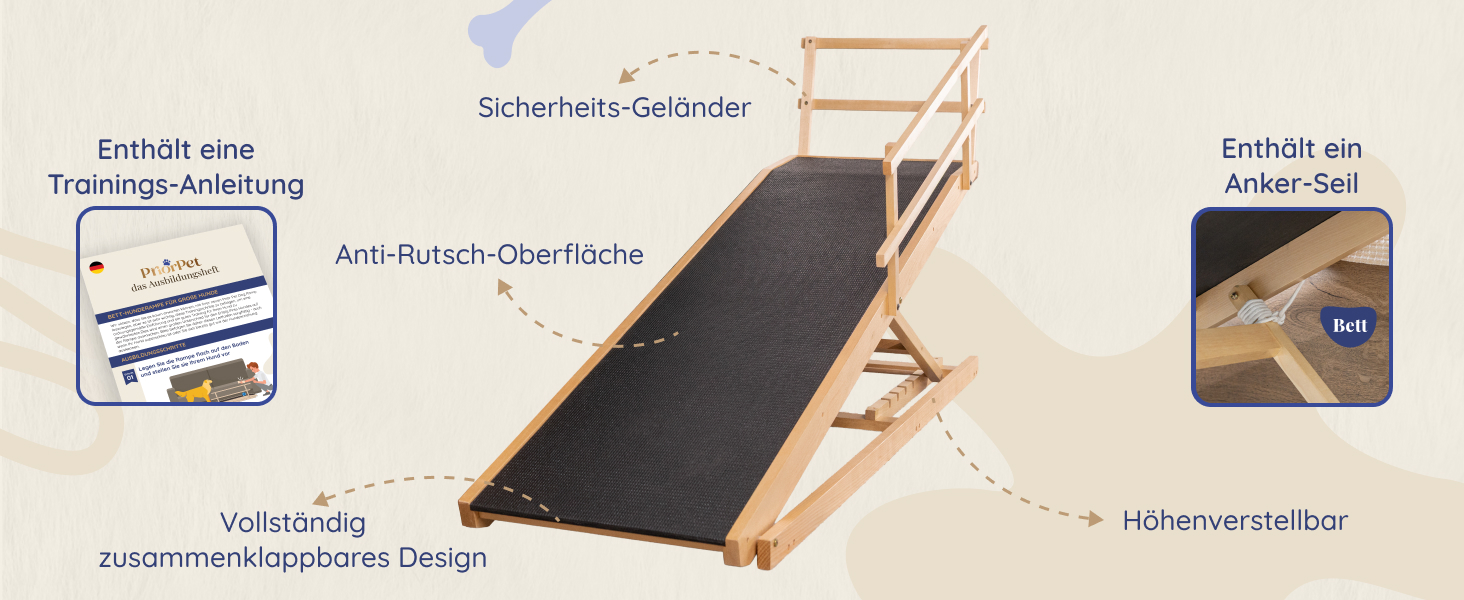 Східці для собак до ліжка з захисним бар'єром - для великих собак до 90 кг - регульована висота до 94.5 см - ширина 49.5 см - складаються - антиковзке покриття - з натурального дерева (бірча) - колір натуральний