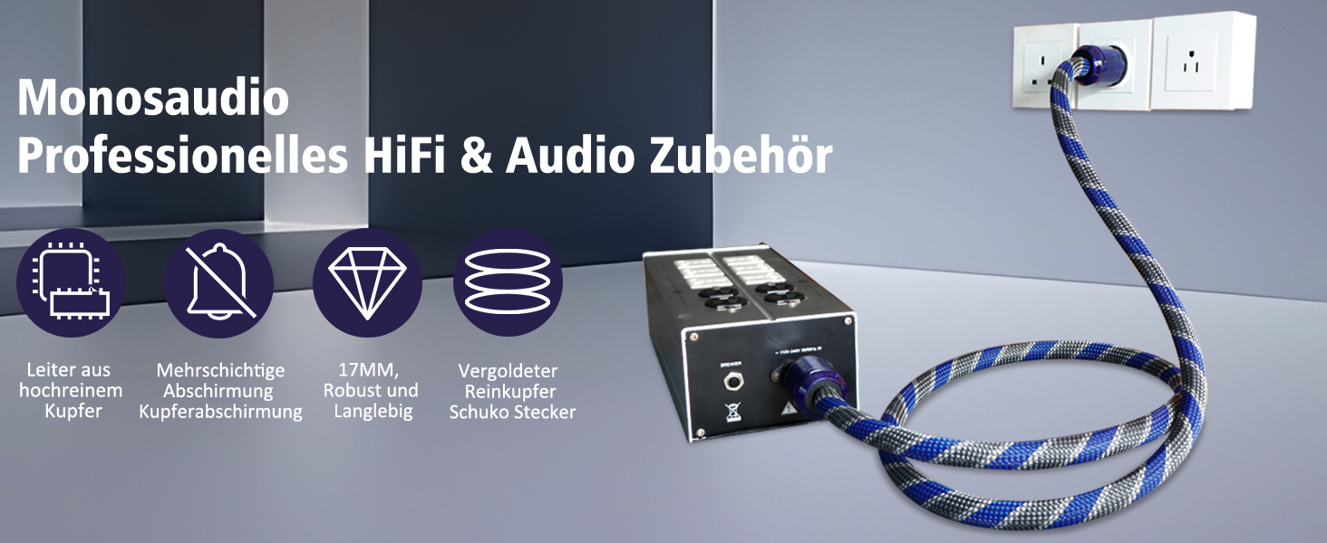 Hi-Fi мережевий кабель Monosaudio P037 1.5м, мідний екран OFC, 2-полюсний High-End кабель живлення AC з вилкою EU Schuko та роз'ємом IEC C15 для підсилювача, DVD, сабвуфера та декодера