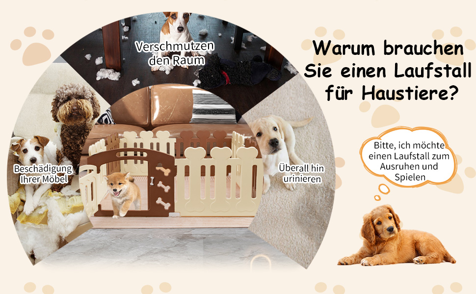 Вольєр для собак COSTWAY з 8 панелей, 60 см, з дверцятами, для дому та саду, HDPE пластик, бежевий + коричневий