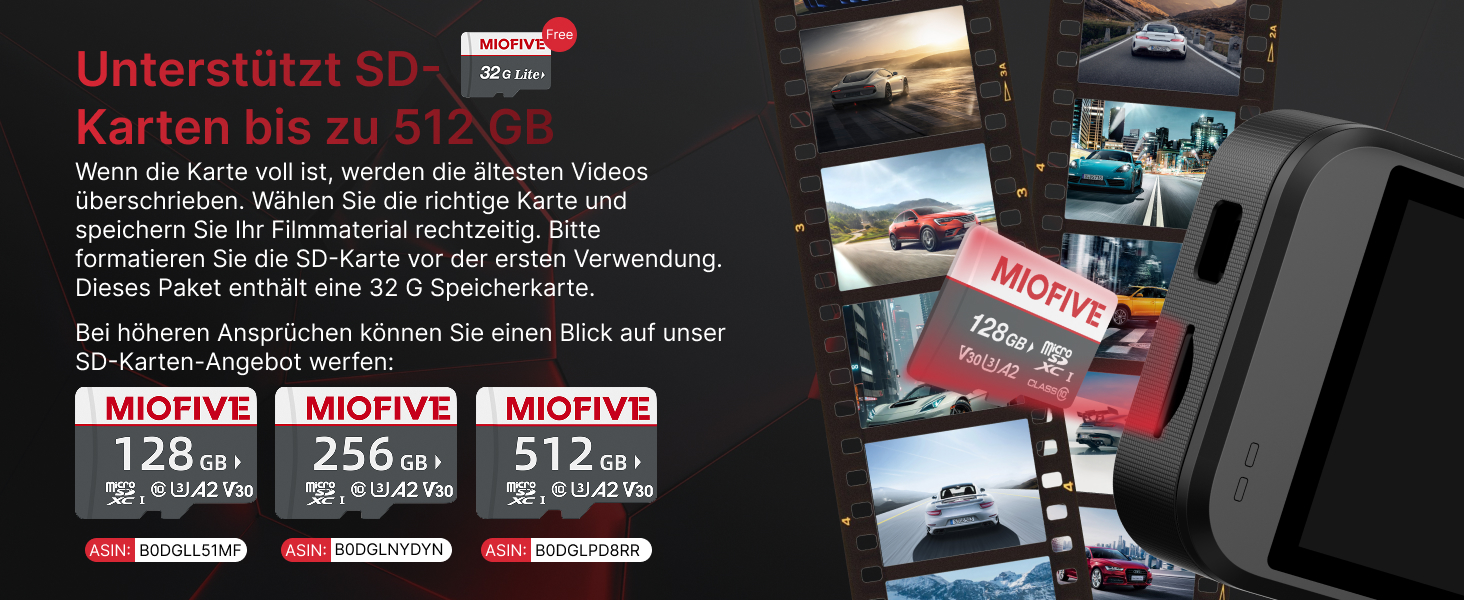 Відеореєстратор Miofive 4K Auto GPS WiFi Bluetooth з дисплеєм 3 дюйми, Нічне бачення, HDR, Loop-запис, підтримка до 512GB, з SD-карткою 32GB