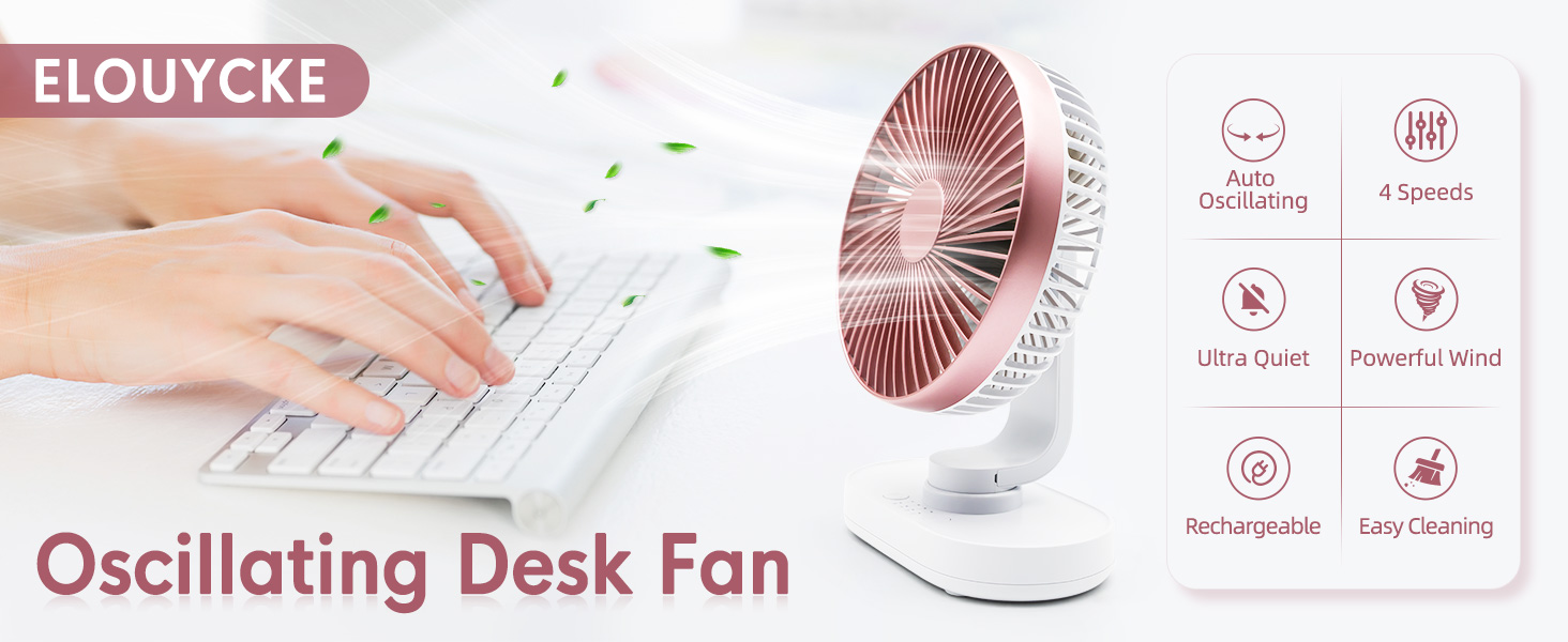 Портативний USB вентилятор на акумуляторі 4000mAh, 4 швидкості, осциляція, тихий, 16.5 см, рожеве золото