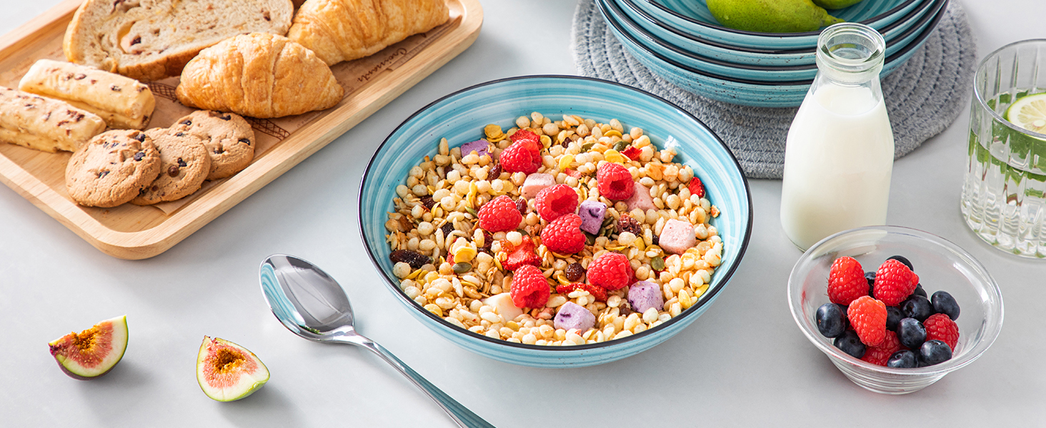 Набір супових тарілок Vancasso Bonbon (6 шт.), супові миски з кераміки, об'єм 1500 мл, глибокі тарілки для пасти, салатники, придатні для миття в посудомийній машині та використання в мікрохвильовій печі, блакитні