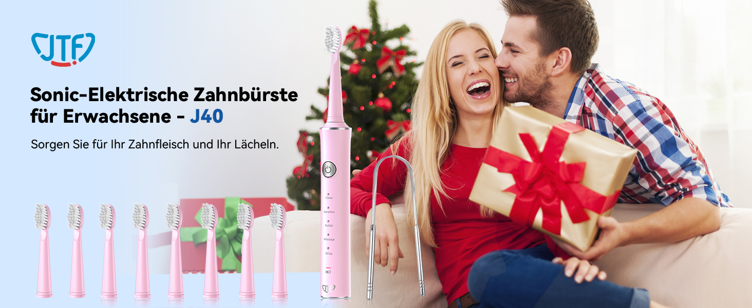 Електрична звукова зубна щітка JTF для дорослих, рожева – 5 режимів, 45 днів роботи, 8 насадок, IPX7, таймер, для подорожей. Преміум набір для сім'ї + скребок для язика