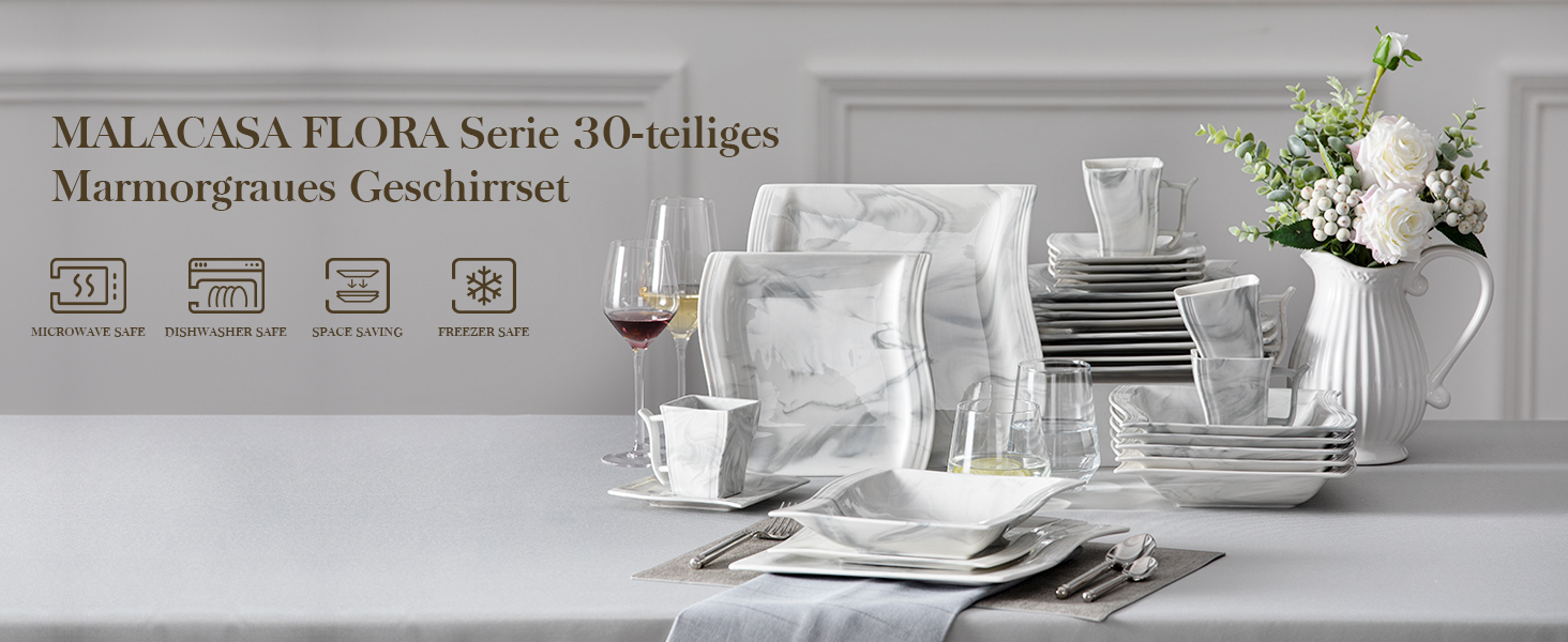 MALACASA Flora 30-Piece Marble Porcelain Dinnerware Set - Grey