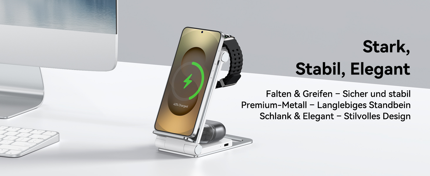 База для бездротової зарядки 3-в-1 для Samsung Galaxy (S25, S24, S23, S22, S21, S20, Z Flip, Z Fold) та Galaxy Watch/Buds, 20W, біла