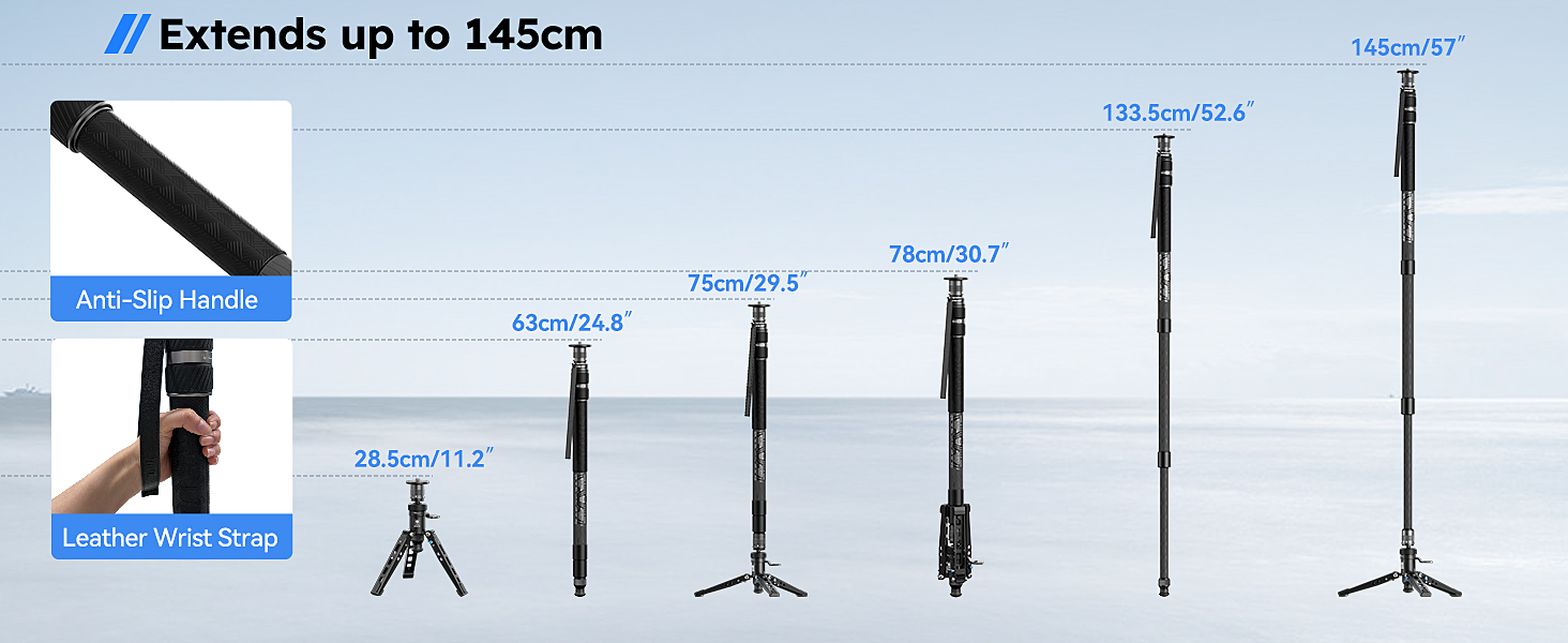 SIRUI Монопод з вуглецевого волокна з системою швидкого кріплення | 165см, професійний, 3-в-1, вантажопідйомність 10кг, для DSLR та відео (SVM-145P)
