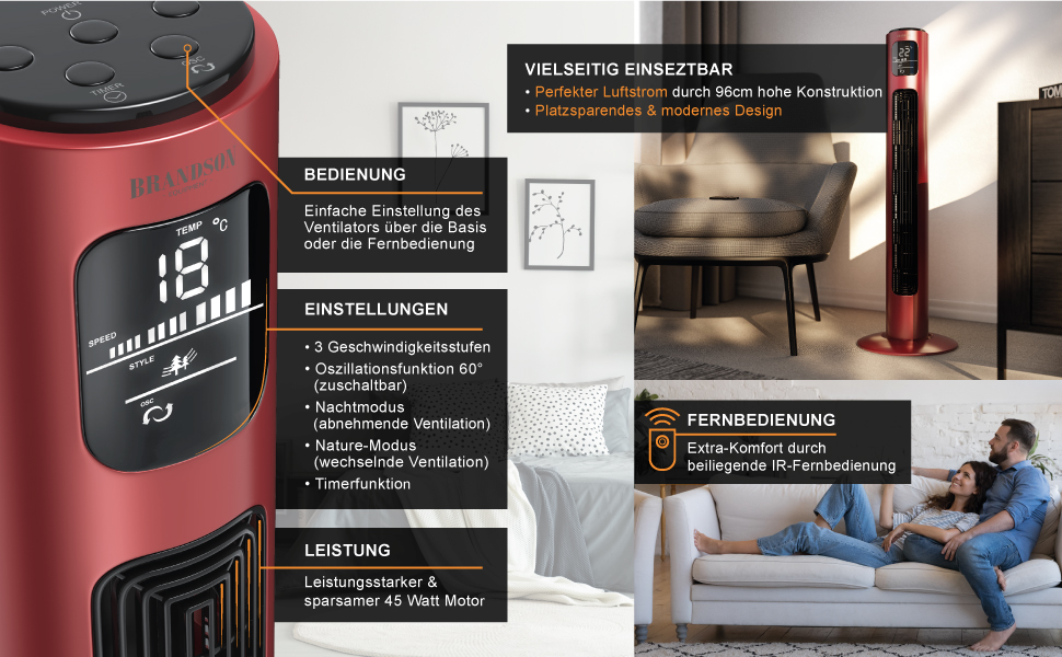 Турбовентилятор Brandson з пультом керування, 96 см, 45W, 3 швидкості, блакитний (F: Рубіново-червоний)