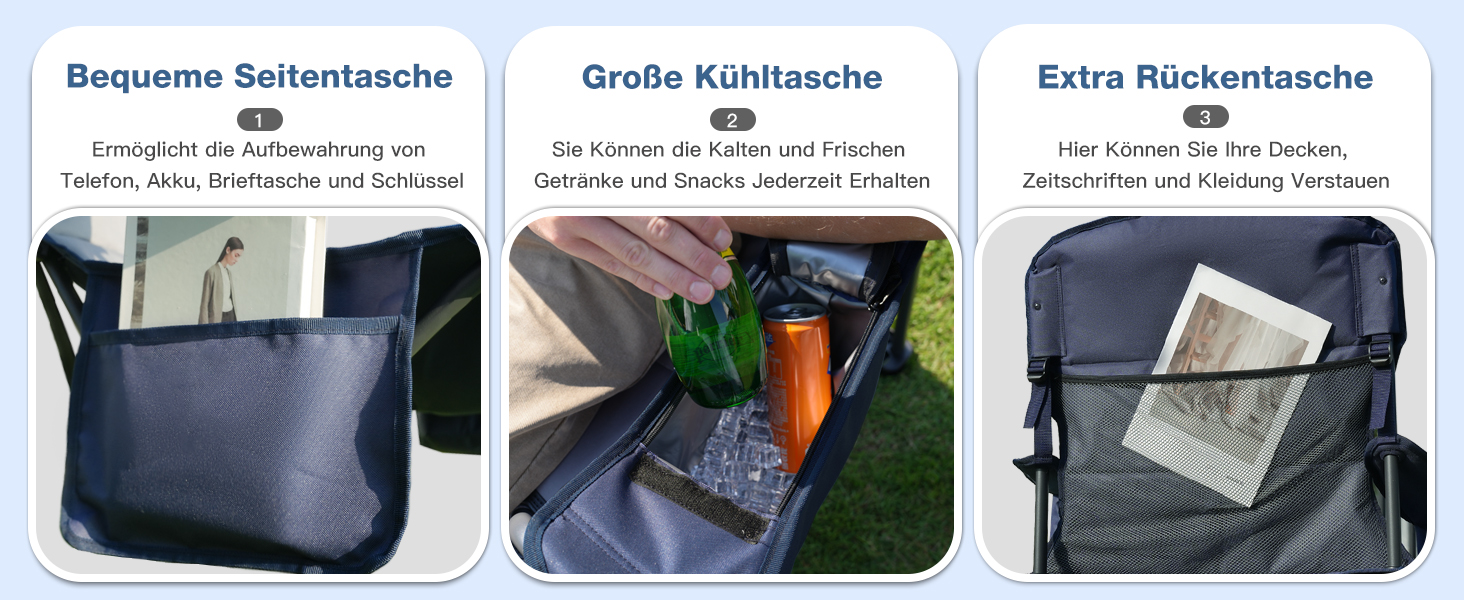 Крісло для кемпінгу складне RELAX FIELD 200KG з підстаканником та сумкою-холодильником, блакитне