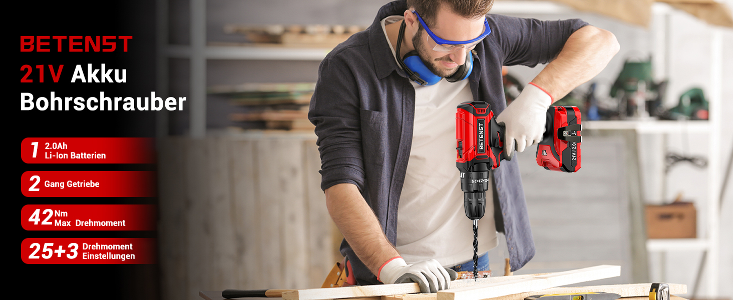 Акумуляторний шуруповерт BETENST 21V з 2 акумуляторами 2.0Ah, 42Nm, 25 моментів, 2 швидкості, LED-ліхтик, 30-ти елементний набір для дому та саду, DIY проєкти