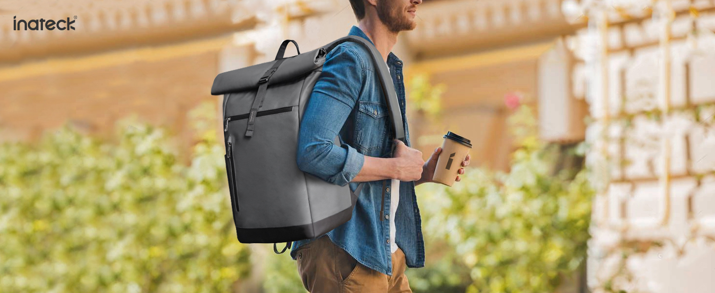 Рюкзак Inateck RollTop 25-30 л для чоловіків і жінок, велосипедний, шкільний, для університету, роботи, спорту та подорожей, з відділенням для ноутбука 17'' (сірий, стильний дизайн)