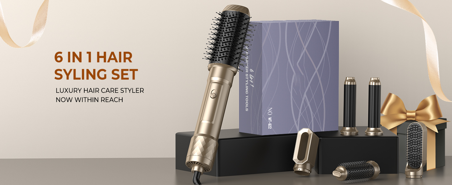 Фен-щітка 6 в 1 Airbrush Pro - професійний набір для укладки волосся | 1000W, круглі щітки, керлер, щітка для термоукладки, фен-щітка, фен, випрямляч | Для всіх типів волосся - блакитний (елегантне золото)