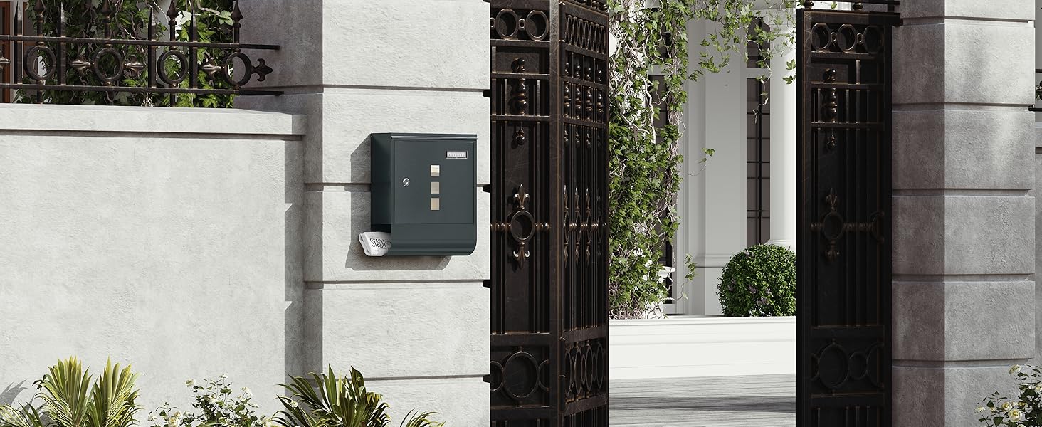 Поштовий ящик WOLTU з газетницею та вікном для імені, замиканий, 2 ключі, антрацит, 30.5x33.5x9 см