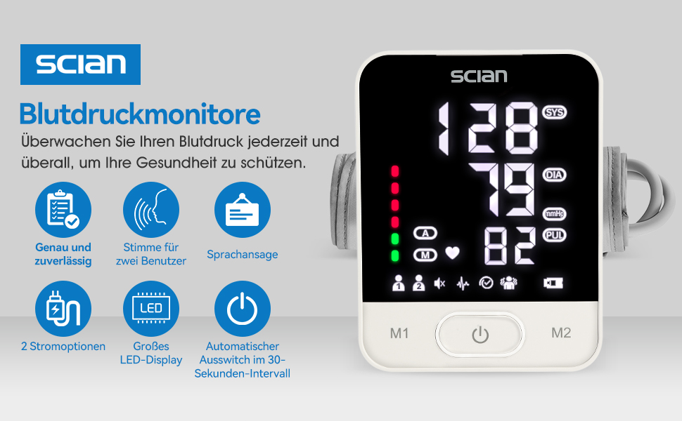 Тонометр на плече Scian для дому, автоматичний, LED-дисплей, 2 користувачі, 200 пам'ять, USB-C, DE-587-I5S