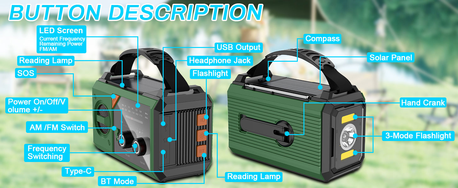 Радіо Kurbelradio на 27000mAh з Bluetooth, сонячне радіо з живленням від ручки, AM/FM, портативне, для надзвичайних ситуацій, з ліхтариком, зарядкою для мобільного телефону, для кемпінгу та активного відпочинку, чорний, зелений