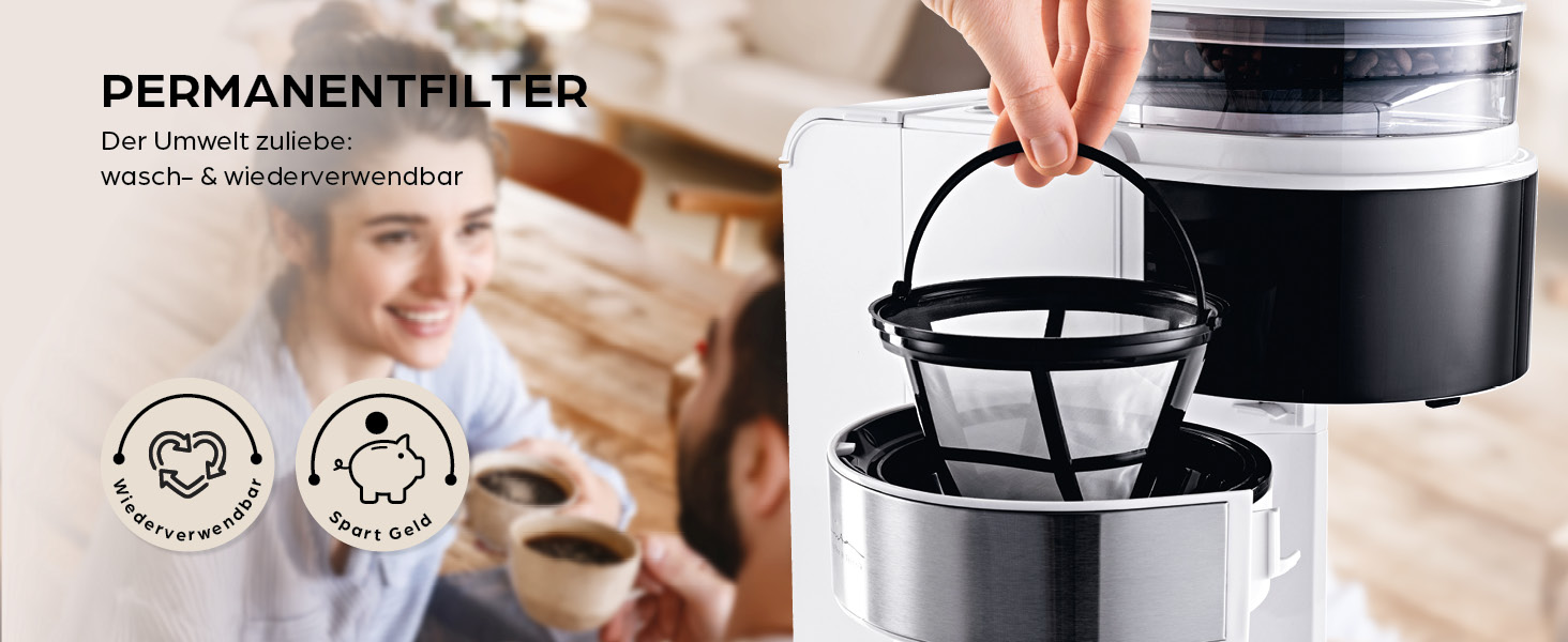 Кавомашина Barista Filterkaffeemaschine з регульованим млинком та термокружка | Функція підігріву, таймер 24 год та постійний фільтр | Для 10 чашок кави | Кавомашина для зерен та меленої кави [Нержавіюча сталь] (9) Weiß (Pro Design) - Термокружка - з млинком