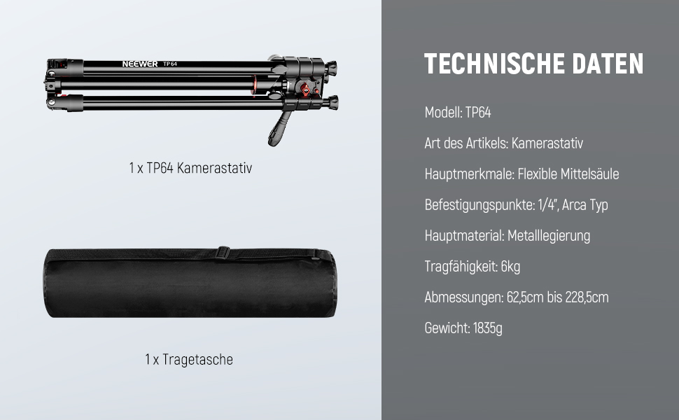 Штатив для камери NEEWER з моноподом, 72 дюйми, алюміній, міцна конструкція для DSLR, екшн-камер, відеокамер, кульковий голковий вушко 360°, платформа Arca-Swiss, максимальне навантаження 15 кг, серветка для очищення