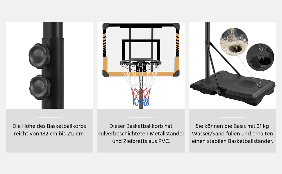 Yaheetech Adjustable Height Basketball Stand with Wheels - Mobile Basketball Hoop, Water/Sand Fillable, Indoor/Outdoor Basketball System - 226.5cm - 256.5cm