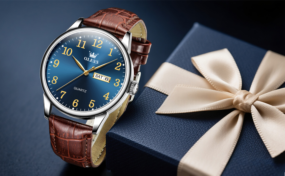 Чоловічий годинник OLEVS з нержавіючої сталі, кварцовий, аналоговий, класичний, бізнес-стиль, водонепроникний, з підсвічуванням, з датою, на шкіряному ремінці (A2 - синій циферблат/коричневий ремінь)
