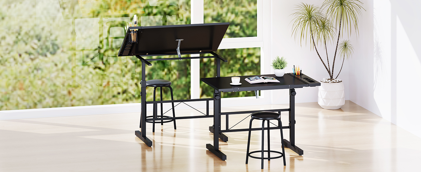 Adjustable Drafting Table with Tilting Surface (0-60°) - Height Adjustable Art Table with Stool and Storage for Home & Office - Black Wood Finish