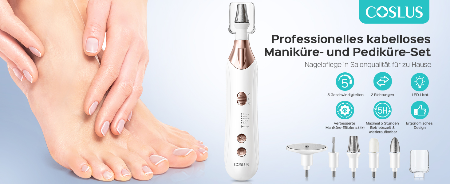 COSLUS C43 Професійний електричний набір для манікюру та педикюру: для догляду за нігтями рук та ніг, видалення кутикули, 5 швидкостей, білий