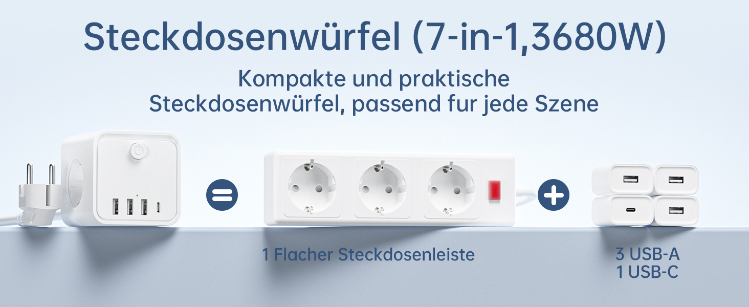 Мережевий фільтр (подовжувач) 7 в 1 з USB-портами, 3 розетки, з вимикачем, кабель 2м, білий — для дому та офісу