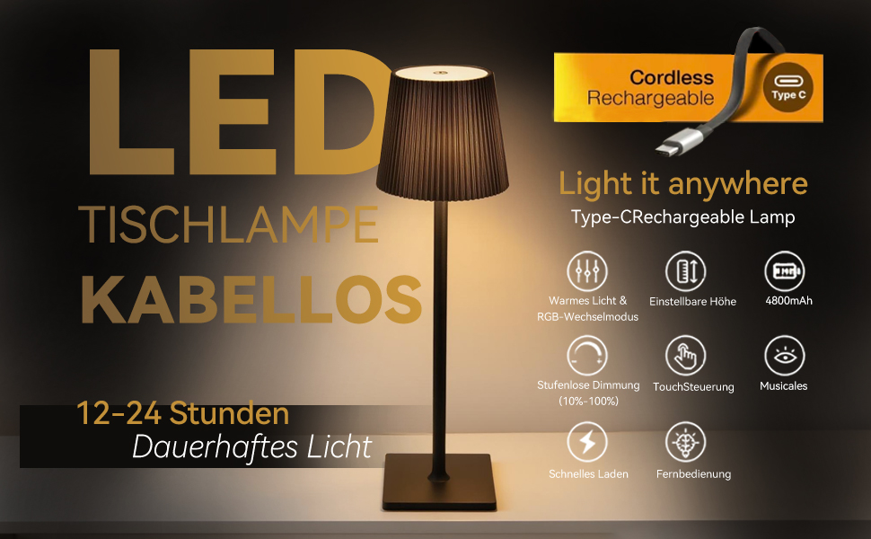 Акумуляторний LED світильник настільний Xiake 2 шт, димований, IP54, 3 режими світла для спальні, офісу, вулиці, чорний