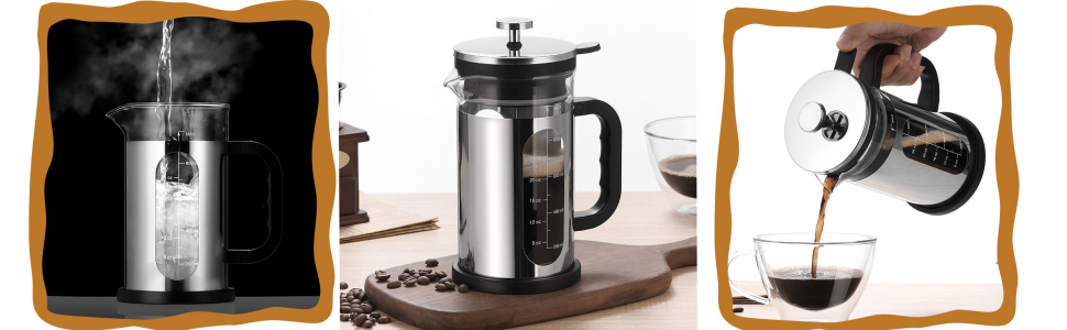 Френч-прес для кави, 1 л, скло Borosilikat, нержавіюча сталь, з багаторазовими фільтрами, портативна кавоварка для кухні, подорожей, кемпінгу