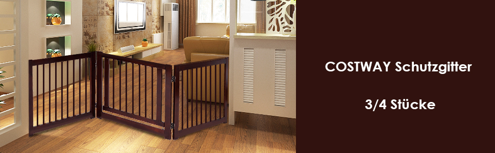 Захисний бар'єр для собак COSTWAY 76 см, 4 панелі, дерев'яний з хвірткою, для дому, дитячий, складний, коричневий