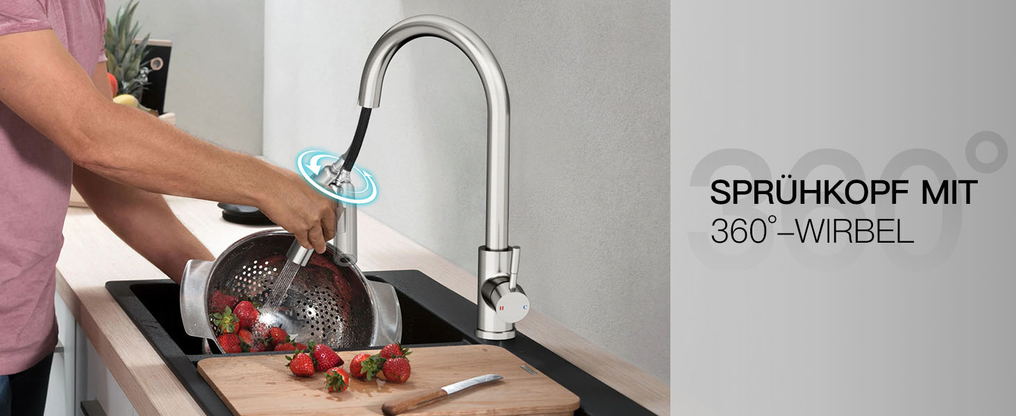 Кран кухонний Rainsworth з висувною лійкою та душем, 360° поворот, нержавіюча сталь, висота 56 см