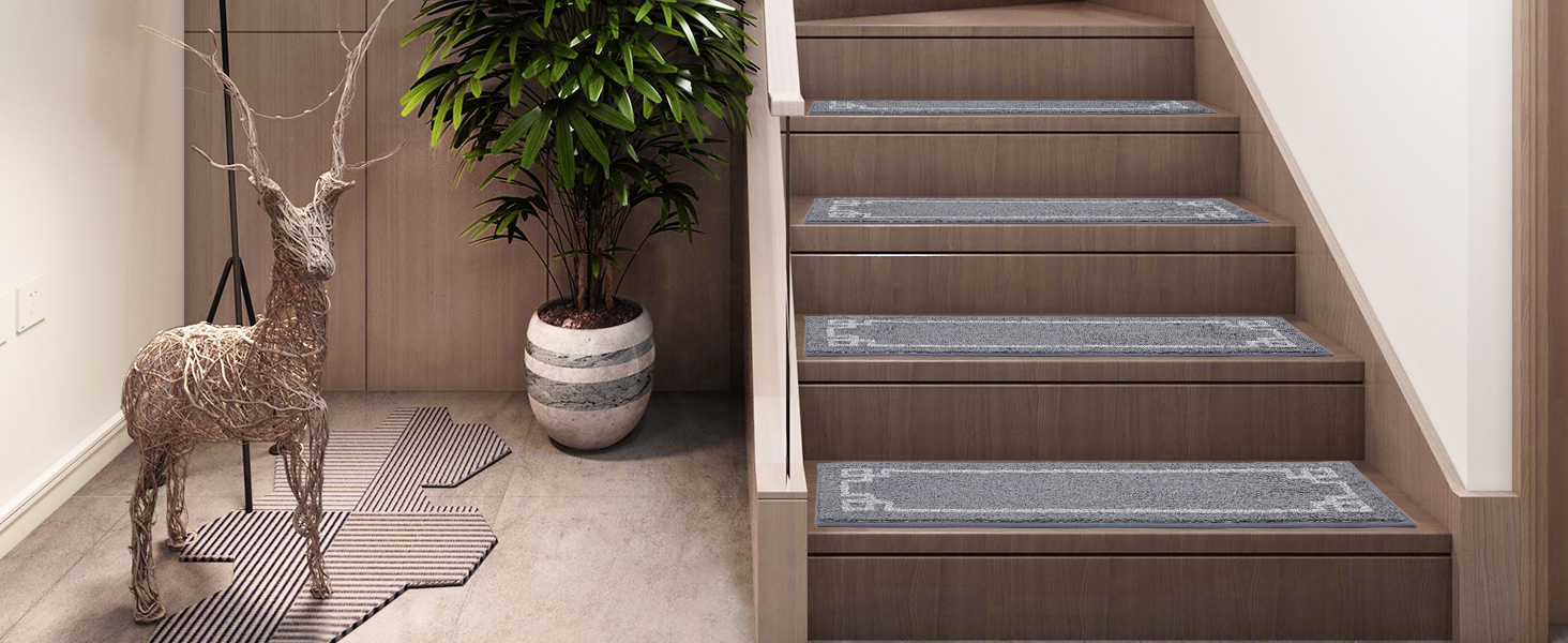 Килимочки на сходи BEQHAUSE, комплект 15 шт. Самоклеючі килимки на сходи для дітей, літніх людей та домашніх тварин, 100% поліестер, TPE-підкладка, 22x70 см (Сірий)