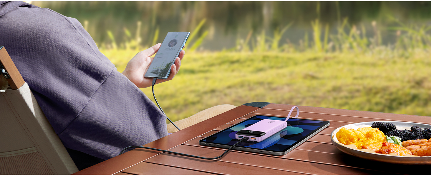 Power Bank Charmast 20000mAh з LED-дисплеєм та 4 кабелями (USB C PD3.0 QC4.0), 6 виходів, сумісний з iPhone, Samsung, Tablet, фіолетовий