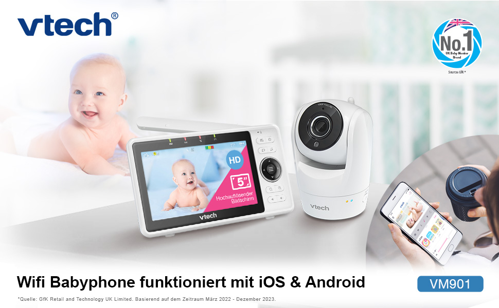 Vtech VM901-1W WiFi камера: розумний дитячий монітор з 5-дюймовим HD-дисплеєм, 1080P, поворотна камера, мобільний додаток, широкий кут огляду 120°, сумісність з iOS та Android