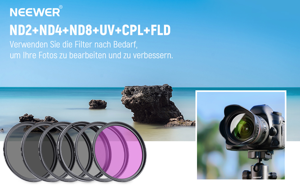 Набір фільтрів NEEWER 67mm ND2 ND4 ND8 UV FLD CPL для об'єктивів + кришка об'єктива та бленда