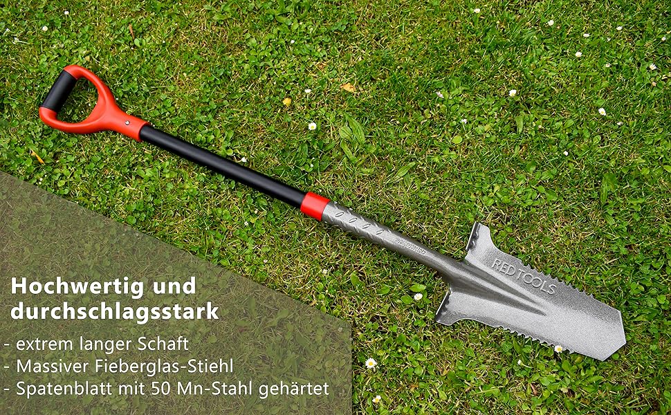Садова лопата Red Tools Power Head з кореневою пилкою, 115 см, міцне лезо для кам'янистих і твердих ґрунтів, із підпорою для ноги та м'якою ручкою (сіра)