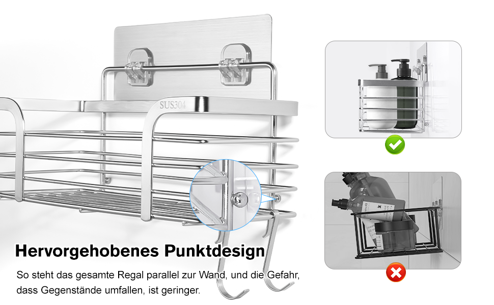 Поличка для душу Carehabi без свердління, 2 шт. Органайзер для ванної кімнати, полиця для душу з нержавіючої сталі з 4 гачками для шампуню та гелю для душу