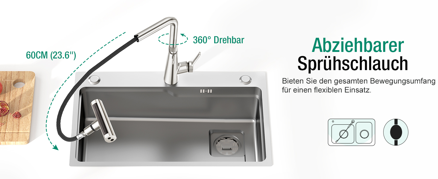 Змішувач для кухні CREA Wasserfall з висувною лійкою, нержавіюча сталь, з дозатором мила, поворотний на 360°, 4 режими струменя, водоспадний ефект