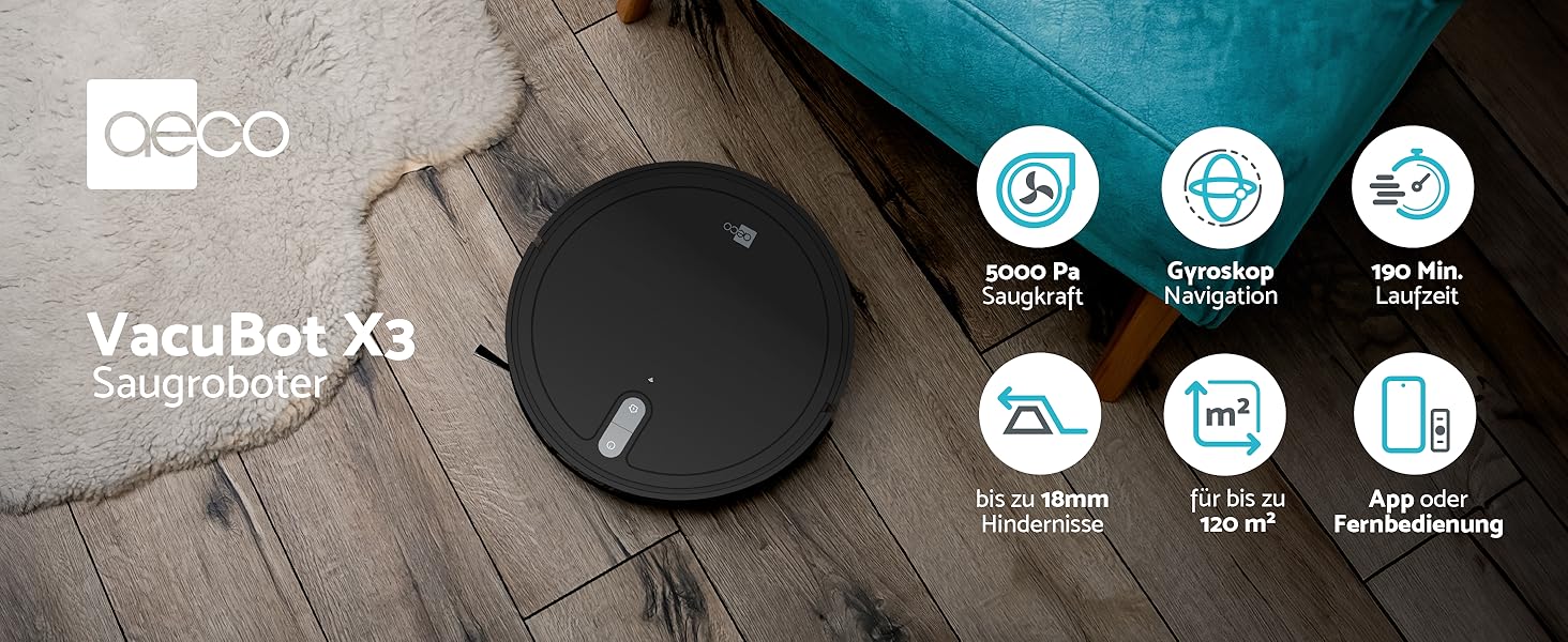 Робот-пилосос Aeco VacuBot з функцією миття підлоги (5000Pa, навігація лазером, до 160хв роботи, пульт, додаток)