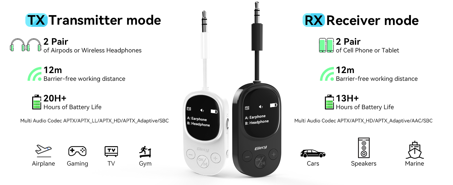 Bluetooth-адаптер 2-в-1 (передавач та приймач) з OLED-дисплеєм, aptX Low Latency, роз'єм 3.5 мм Jack для ТБ, літака, навушників та AirPods, чорний