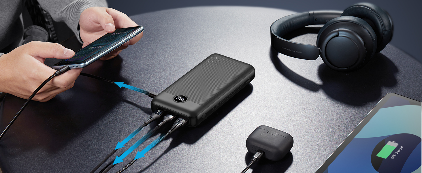 Power Bank VEGER 30000mAh 20W PD: Швидка зарядка, LED дисплей, 4 виходи, 2 входи, USB-C, сумісний з iPhone, iPad, планшетами