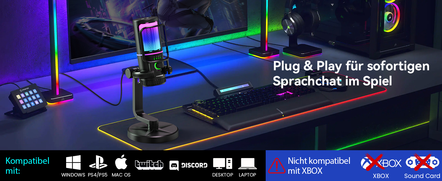 Мікрофон геймерський SINWE з шумозаглушенням, USB для ПК, PS4, стрімінгу, подкастів. З поп-фільтром, тримачем, швидким вимкненням звуку та RGB підсвіткою