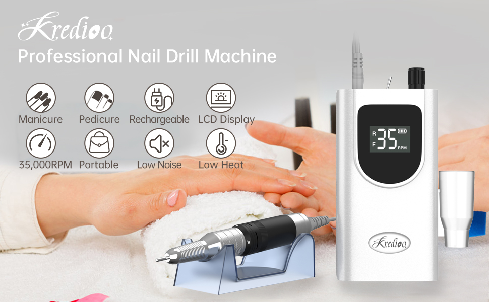 Електрична нігтьова пилка Kredioo для гелю та акрилу з LED-дисплеєм та 6 насадками