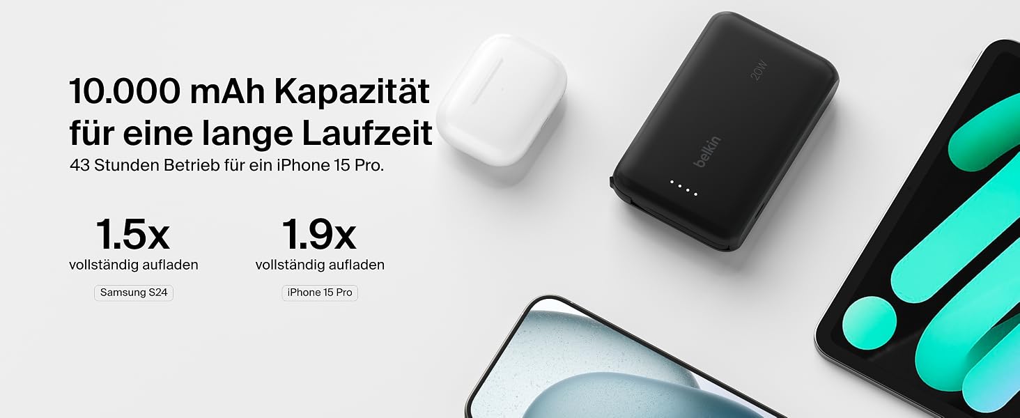 Повербанк Belkin BoostCharge 10000mAh 20W з вбудованим кабелем USB-C, LED-індикатором, чорний