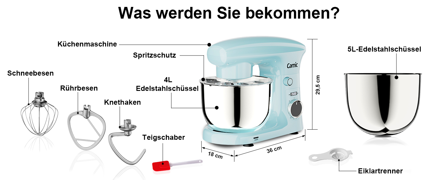 Кухонний комбайн-міксер Camic з LED-дисплеєм, 10 швидкостями та 2 чашами з нержавіючої сталі (4Л та 5Л), набір з 3 аксесуарів для тіста, хліба та тортів, синій